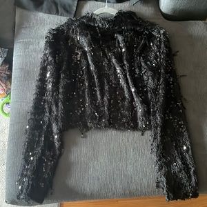 Black Glittery/Sequin Mock Neck Long Sleeve Crop Top